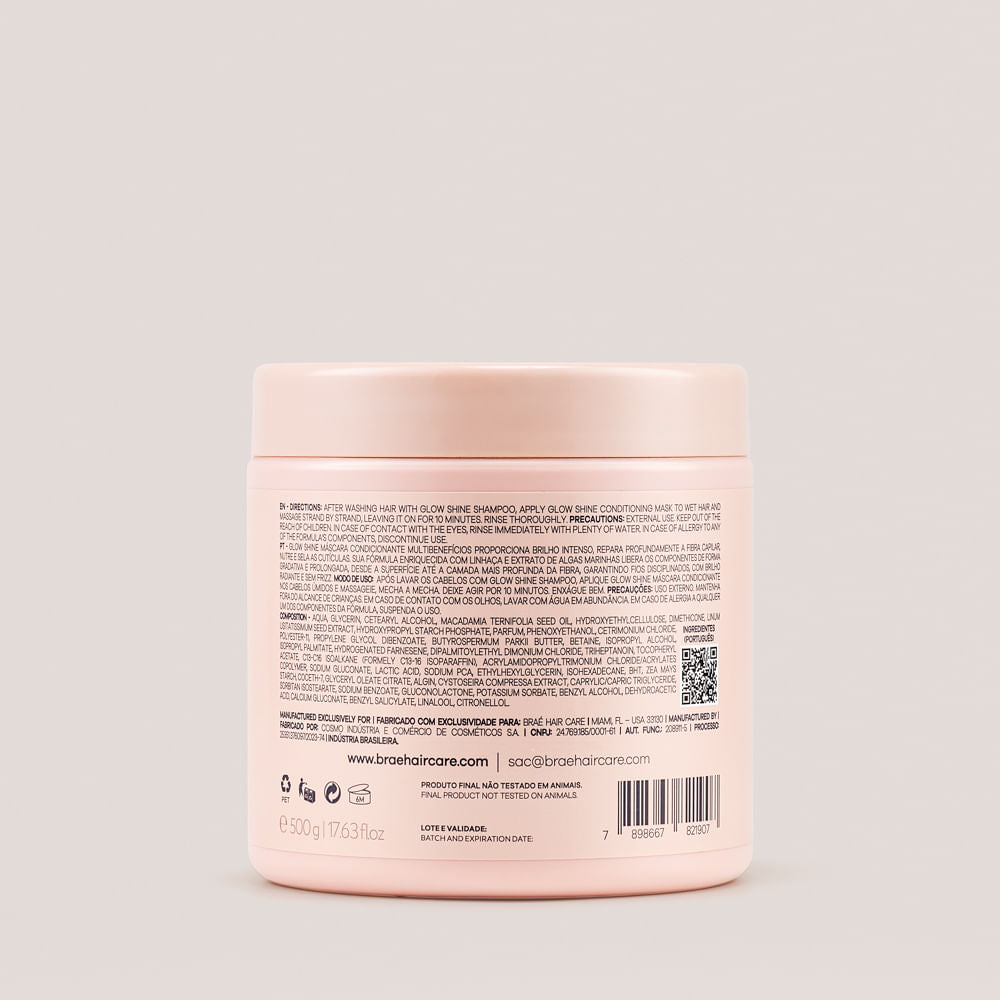 BRAÉ Glow Shine - Máscara Capilar 500g - verso com modo de uso